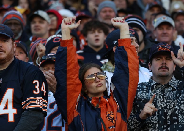 Bears fans dance to music in the fourth quarter against the Steelers on Sunday, Nov. 23, 2025, at Soldier Field. (John J. Kim/Chicago Tribune)