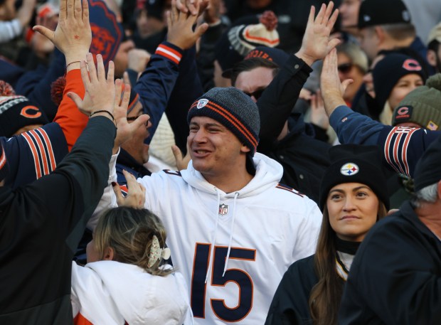 Bears fans celebrate a 31-28 win over the Steelers on Sunday, Nov. 23, 2025, at Soldier Field. (John J. Kim/Chicago Tribune)