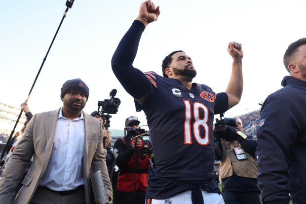 Bears quarterback Caleb Williams celebrates a 31-28 win over the Steelers on Sunday, Nov. 23, 2025, at Soldier Field. (John J. Kim/Chicago Tribune)