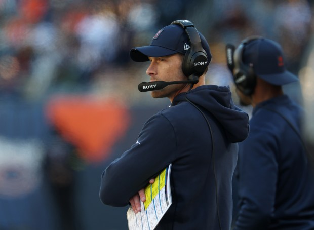 Bears coach Ben Johnson watches the third quarter against the Steelers on Sunday, Nov. 23, 2025, at Soldier Field. (John J. Kim/Chicago Tribune)