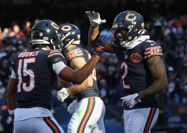 Bears wide receiver DJ Moore celebrates after a touchdown reception in the third quarter against the Steelers on Sunday, Nov. 23, 2025, at Soldier Field. (John J. Kim/Chicago Tribune)