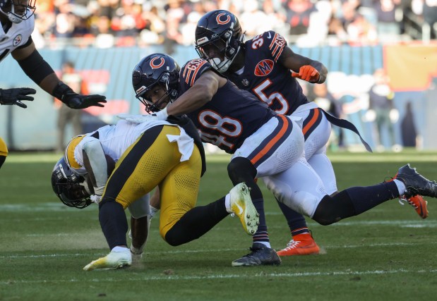 Bears linebacker D'Marco Jackson tackles Steelers running back Kenneth Gainwell in the third quarter Sunday, Nov. 23, 2025, at Soldier Field. (John J. Kim/Chicago Tribune)