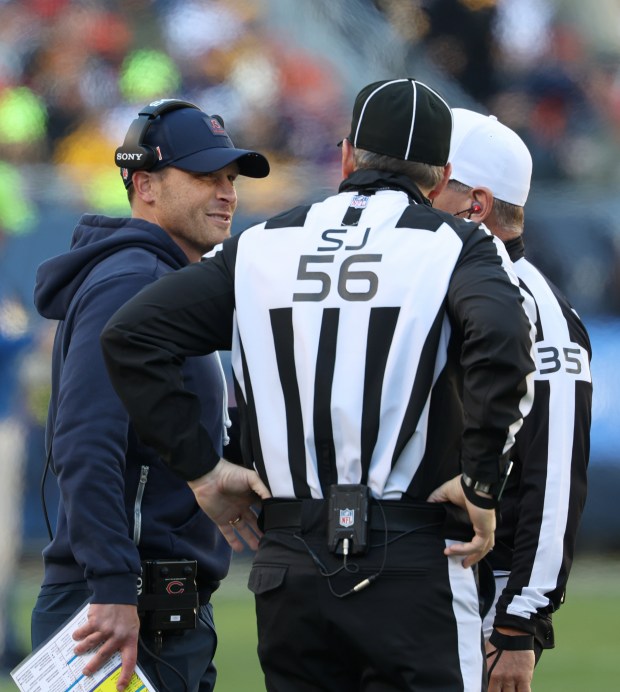 Bears coach Ben Johnson talks with officials in the third quarter against the Steelers on Sunday, Nov. 23, 2025, at Soldier Field. (John J. Kim/Chicago Tribune)
