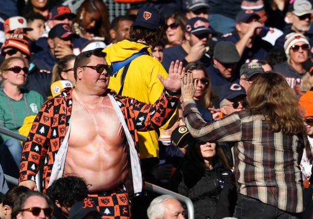 A Bears fan wearing a muscle T-shirt high-fives a fellow fan after a Bears touchdown in the second quarter against the Steelers on Sunday, Nov. 23, 2025, at Soldier Field. (John J. Kim/Chicago Tribune)