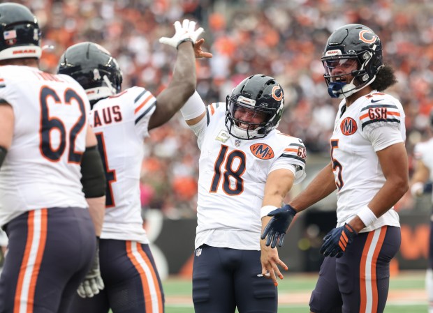 Bears quarterback Caleb Williams (18) celebrates with wide receiver Olamide...