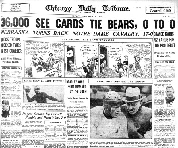 The Chicago Bears and Chicago Cardinals played to a 0-0 tie before more than 36,000 fans on Thanksgiving 1925, at Wrigley Field in Chicago. (Chicago Tribune)
