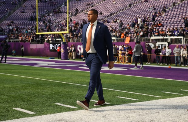 Bears general manager Ryan Poles walks on the field before a game against the Vikings on Sunday, Nov. 16, 2025, at U.S. Bank Stadium in Minneapolis. (Chris Sweda/Chicago Tribune)