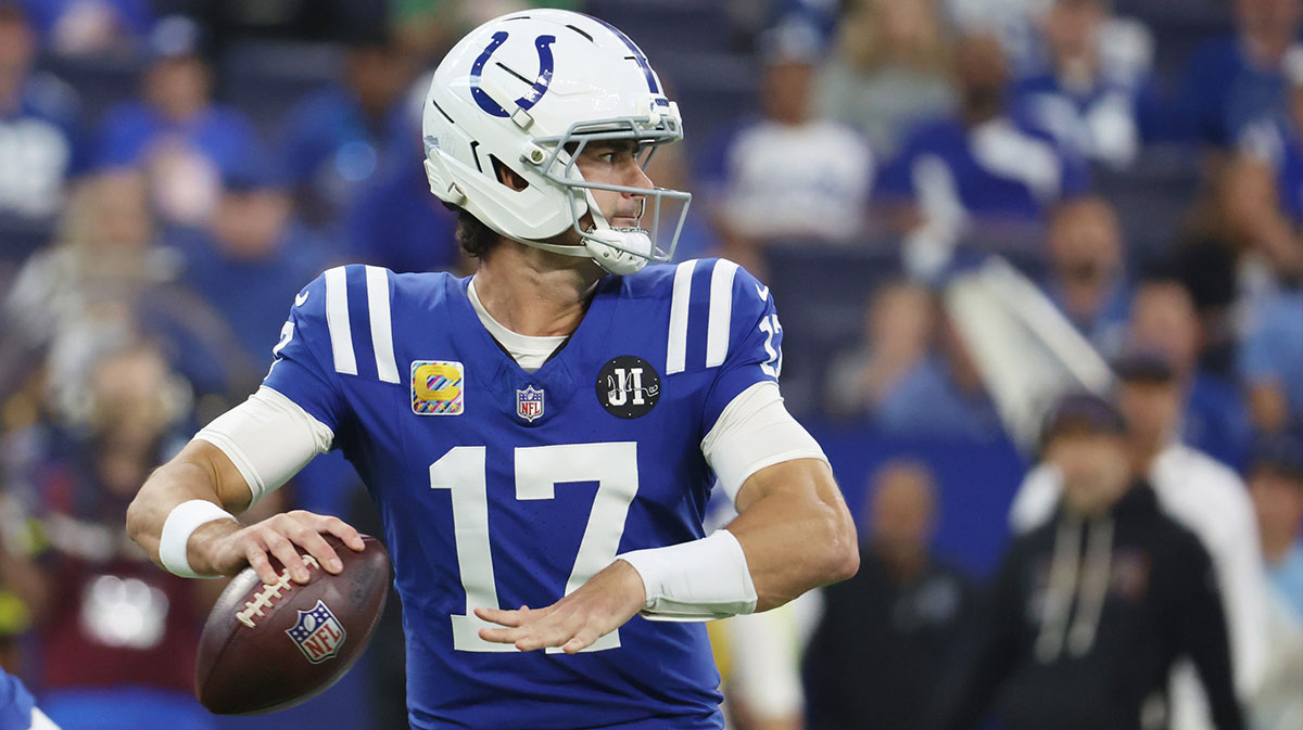Indianapolis Colts quarterback Daniel Jones (17) passes the ball against the Las Vegas Raiders during the first quarter at Lucas Oil Stadium.