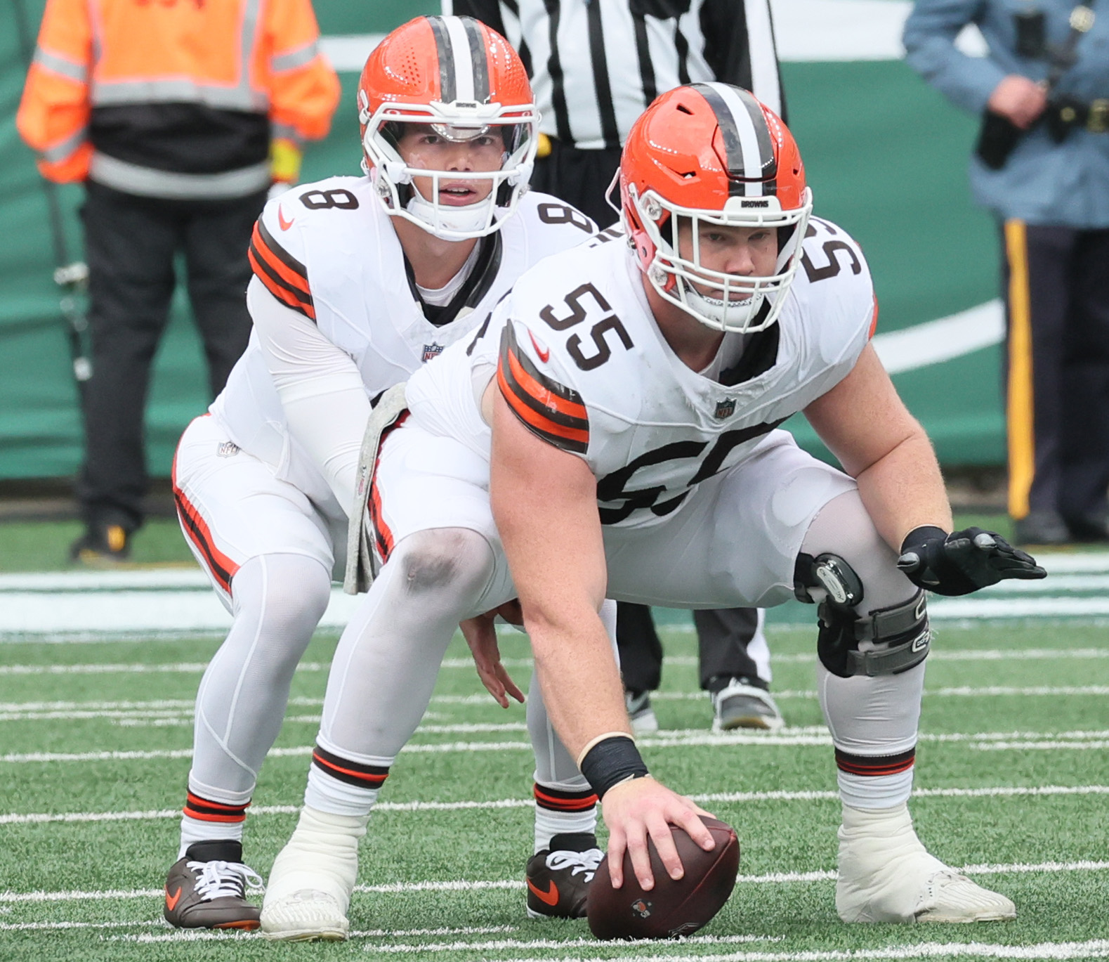 Cleveland Browns quarterback Dillon Gabriel waits for the snap from Cleveland Browns center Ethan Pocic in the first half.  