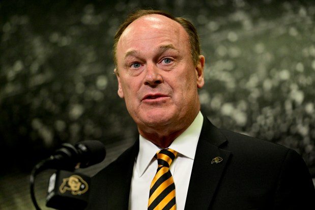 BOULDER, CO - JULY 27:Athletic Director Rick George speaks during a press conference at the Champions Center at the University of Colorado Boulder on Thursday, July 27, 2023. The CU Board of Regents unanimously voted to approve a resolution to join the Big 12 Conference for the 2024-25 academic year. (Matthew Jonas/Staff Photographer)