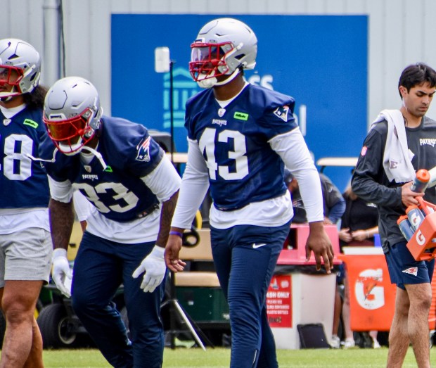 Linebacker Bradyn Swinson (43) of the New England Patriots during practice. (Zack Cox/Boston Herald)