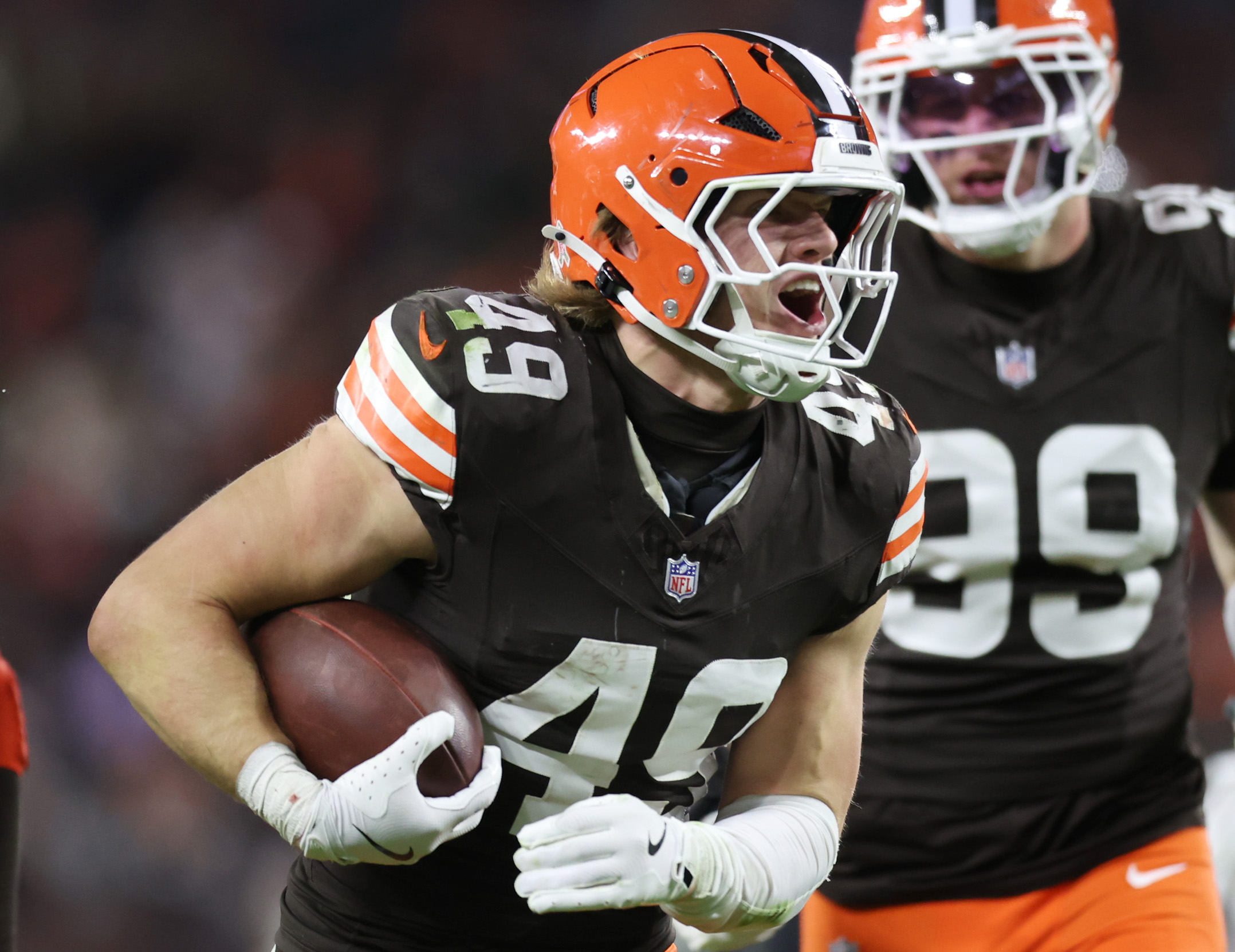 Cleveland Browns linebacker Carson Schwesinger celebrates his third quarter interception against the Baltimore Ravens.  
