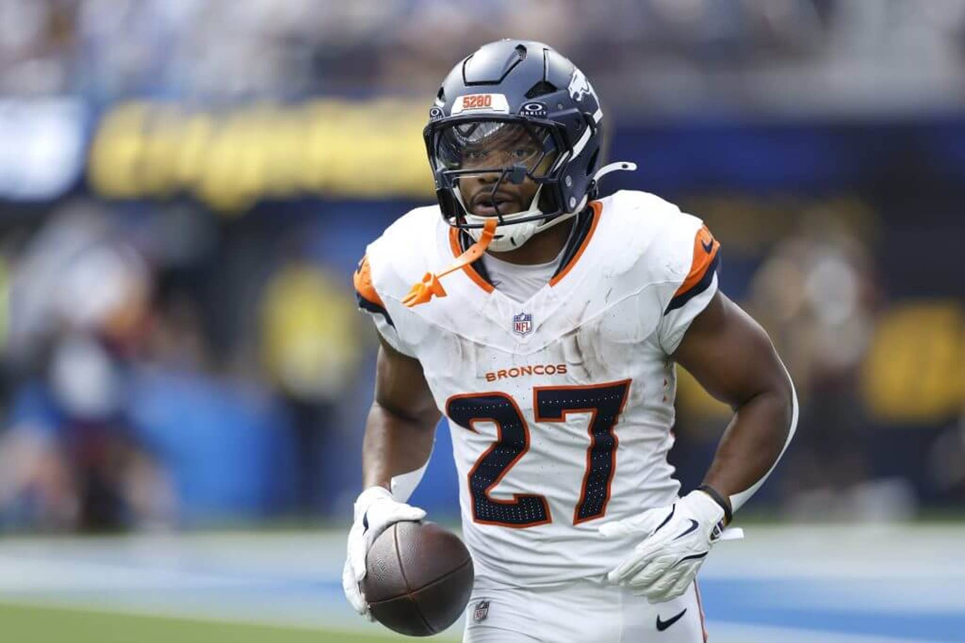 J.K. Dobbins of the Denver Broncos on the field against the Los Angeles Chargers.