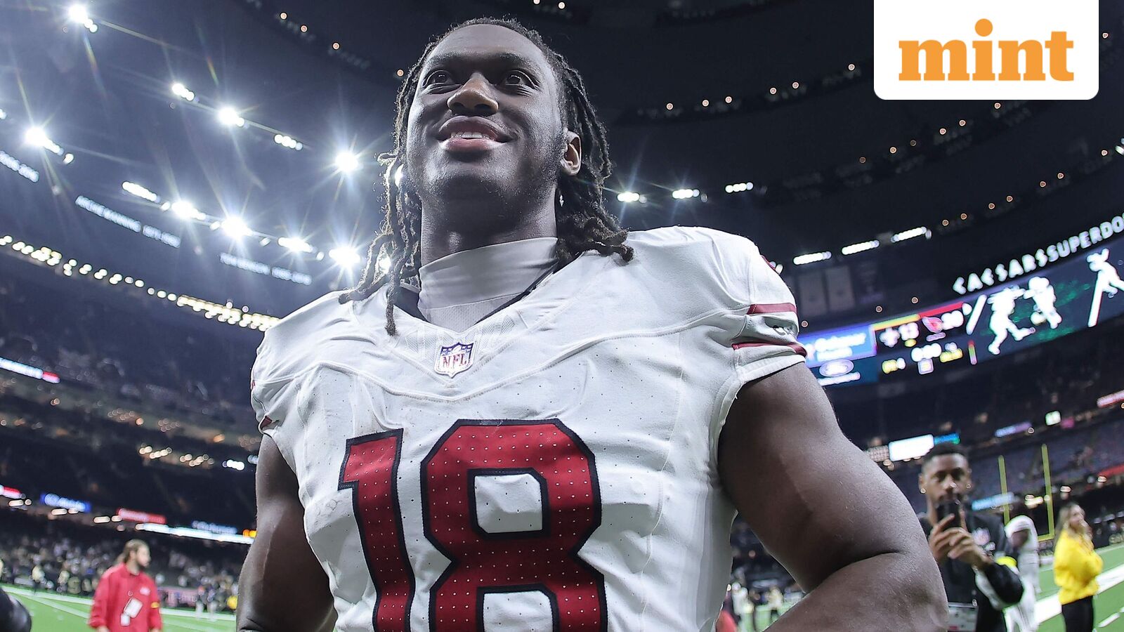 Brandin Cooks #10 of the New Orleans Saints is tackled by Jalen Thompson #34 of the Arizona Cardinals during a game.