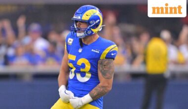 Los Angeles Rams linebacker Nate Landman (53) reacts