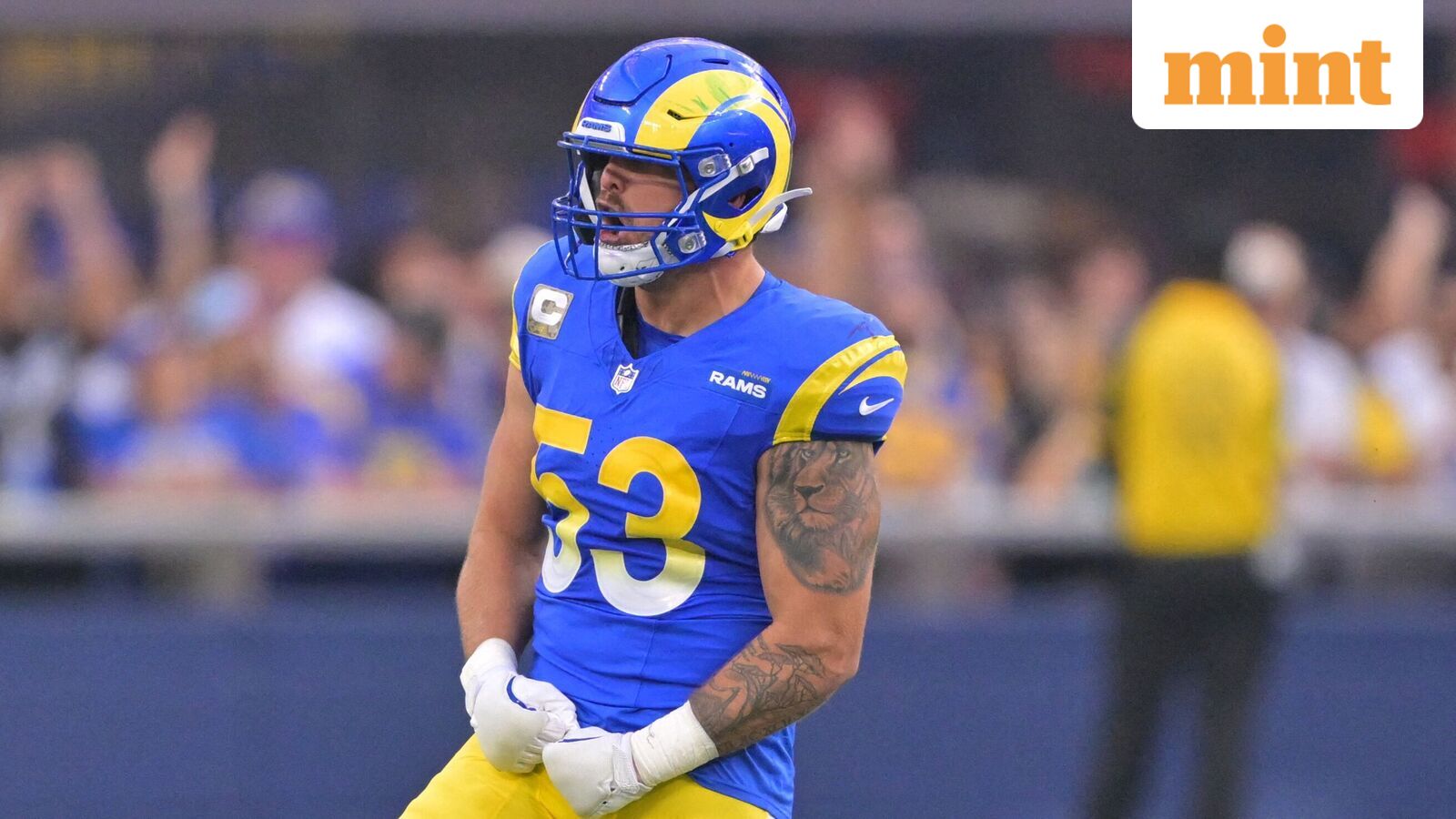 Los Angeles Rams linebacker Nate Landman (53) reacts