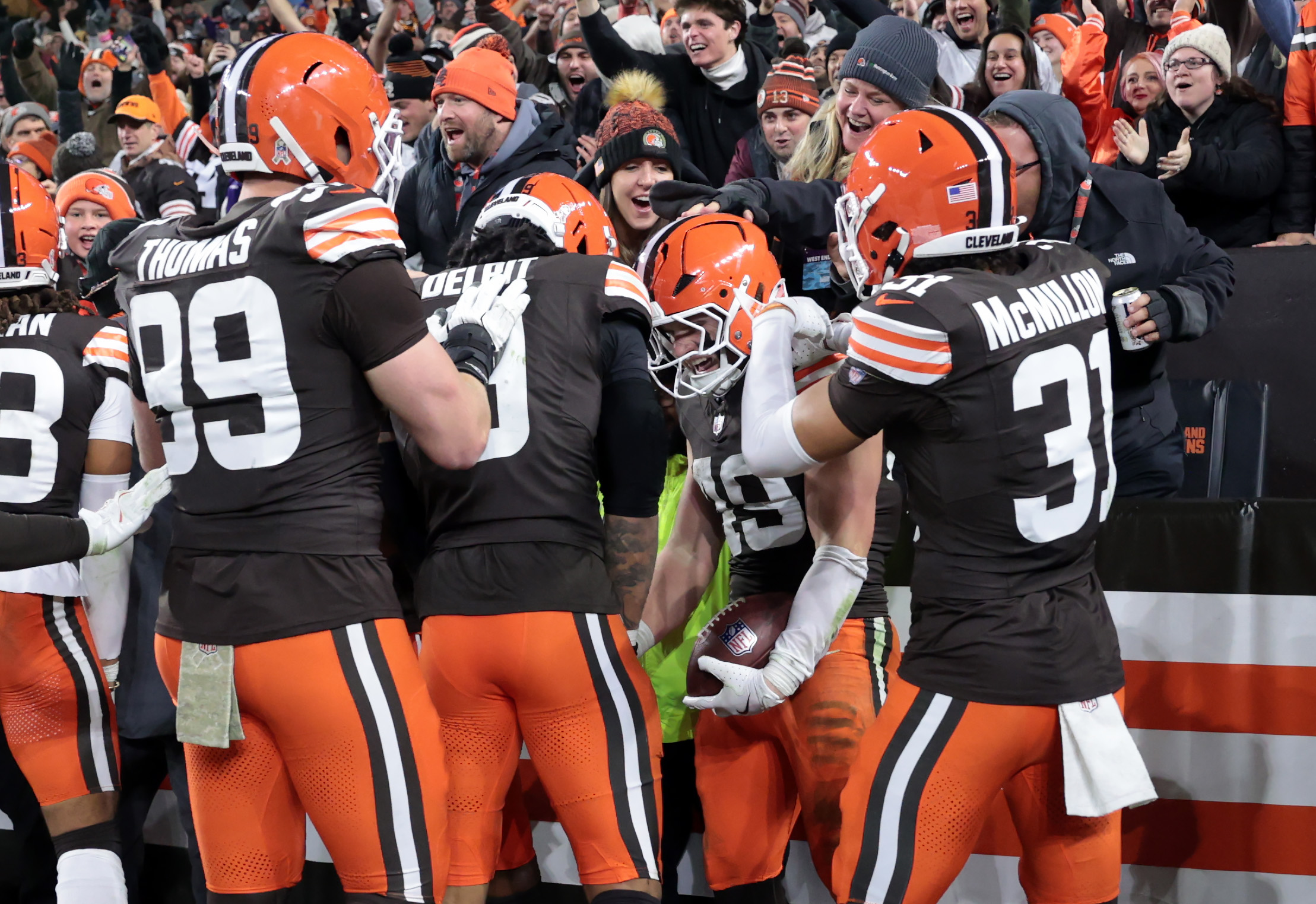Cleveland Browns linebacker Carson Schwesinger celebrates after intercepting a pass from Baltimore Ravens quarterback Lamar Jackson in the second half of play. 