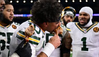 Packers quarterback Jordan Love, biting into a turkey leg after a 31-24 win over the Lions, matched his career high with four touchdown passes.