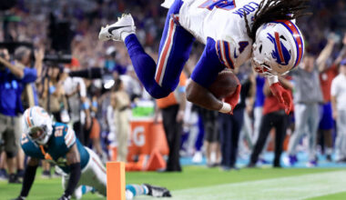 MIAMI GARDENS, FLORIDA - SEPTEMBER 12: James Cook #4 of the Buffalo Bills scores a 49 yard touchdown against the Miami Dolphins during the second quarter in the game at Hard Rock Stadium on September 12, 2024 in Miami Gardens, Florida. (Photo by Carmen Mandato/Getty Images)
