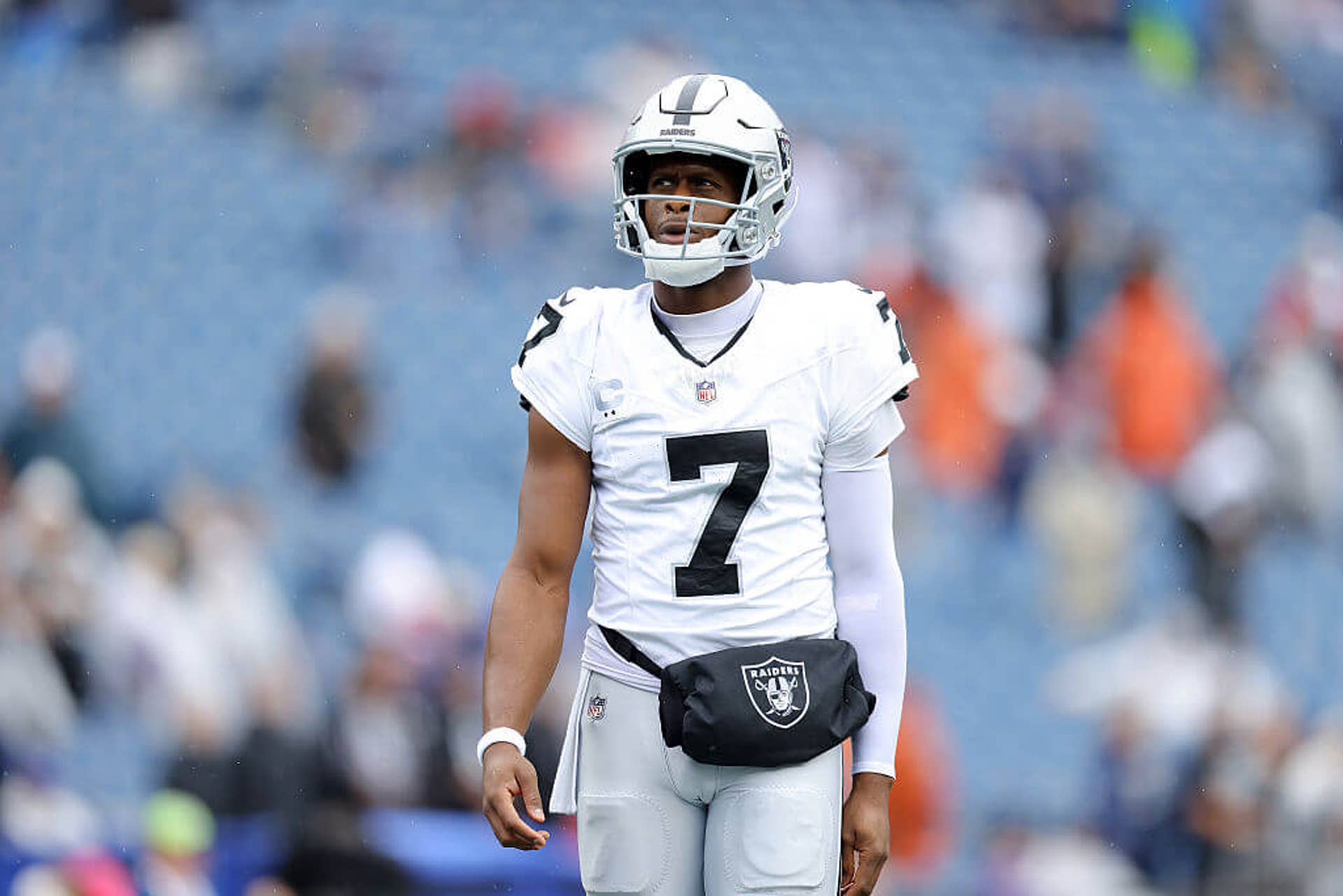 Geno Smith of the Las Vegas Raiders looks on during warms up before the game against the New England Patriots at Gillette Stadium on Sept. 7.