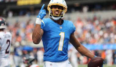 INGLEWOOD, CALIFORNIA - SEPTEMBER 21: Quentin Johnston #1 of the Los Angeles Chargers reacts after a reception against the Denver Broncos during the second quarter at SoFi Stadium on September 21, 2025 in Inglewood, California. (Photo by Sean M. Haffey/Getty Images)