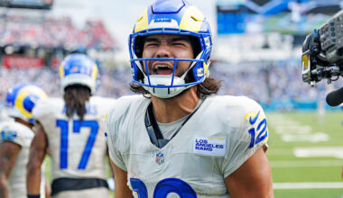 NASHVILLE, TENNESSEE - SEPTEMBER 14: Puka Nacua #12 of the Los Angeles Rams celebrates with fans during the NFL 2025 game against the Tennessee Titans at Nissan Stadium on September 14, 2025 in Nashville, Tennessee. The Rams defeated the Titans 33-19. (Photo by Wesley Hitt/Getty Images)