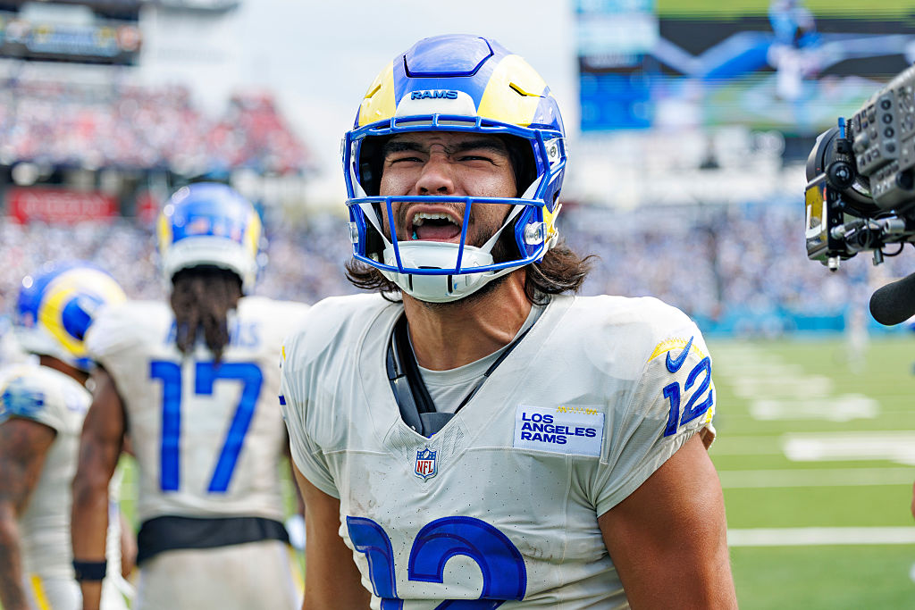 NASHVILLE, TENNESSEE - SEPTEMBER 14: Puka Nacua #12 of the Los Angeles Rams celebrates with fans during the NFL 2025 game against the Tennessee Titans at Nissan Stadium on September 14, 2025 in Nashville, Tennessee. The Rams defeated the Titans 33-19. (Photo by Wesley Hitt/Getty Images)