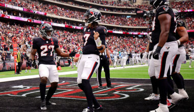HOUSTON, TEXAS - SEPTEMBER 28: Woody Marks #27 of the Houston Texans celebrates a touchdown against the Tennessee Titans with teammate C.J. Stroud #7 of the Houston Texans during the fourth quarter in the game at NRG Stadium on September 28, 2025 in Houston, Texas. (Photo by Alex Slitz/Getty Images)