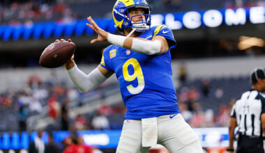 INGLEWOOD, CALIFORNIA - OCTOBER 2: Matthew Stafford #9 of the Los Angeles Rams warms up prior to an NFL football game against the San Francisco 49ers at SoFi Stadium on October 02, 2025 in Inglewood, California. (Photo by Brooke Sutton/Getty Images)