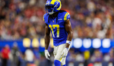 INGLEWOOD, CALIFORNIA - OCTOBER 2: Davante Adams #17 of the Los Angeles Rams gets set during the second half of an NFL football game against the San Francisco 49ers at SoFi Stadium on October 02, 2025 in Inglewood, California. (Photo by Brooke Sutton/Getty Images)