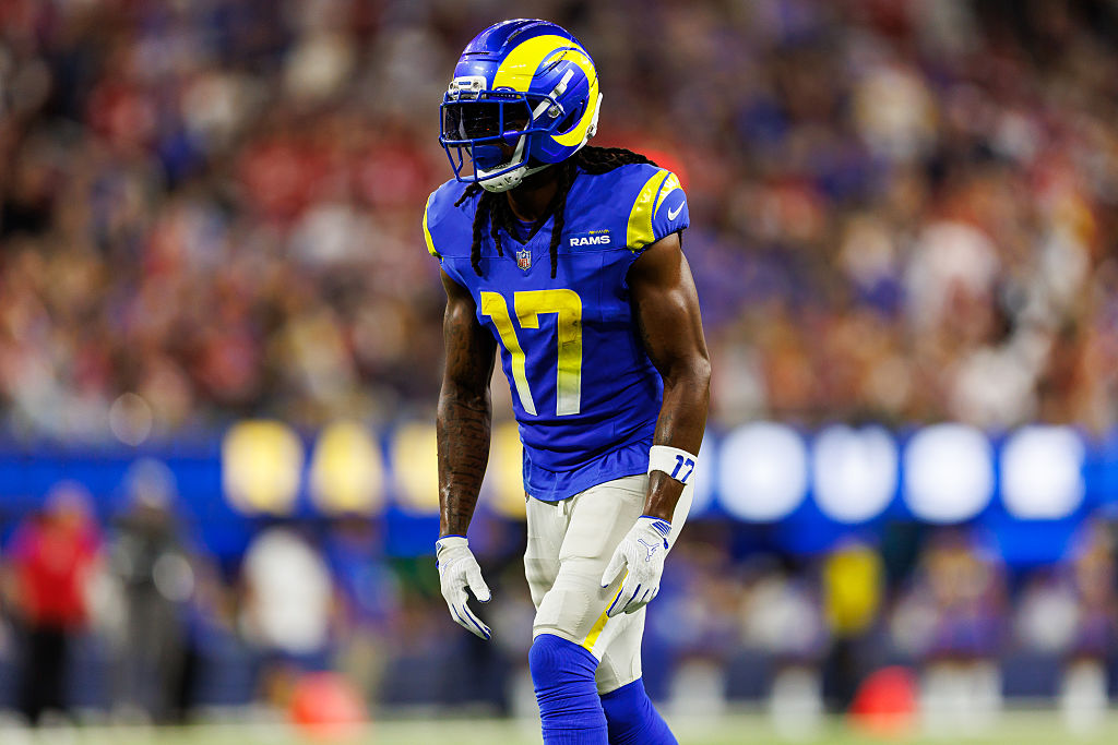 INGLEWOOD, CALIFORNIA - OCTOBER 2: Davante Adams #17 of the Los Angeles Rams gets set during the second half of an NFL football game against the San Francisco 49ers at SoFi Stadium on October 02, 2025 in Inglewood, California. (Photo by Brooke Sutton/Getty Images)