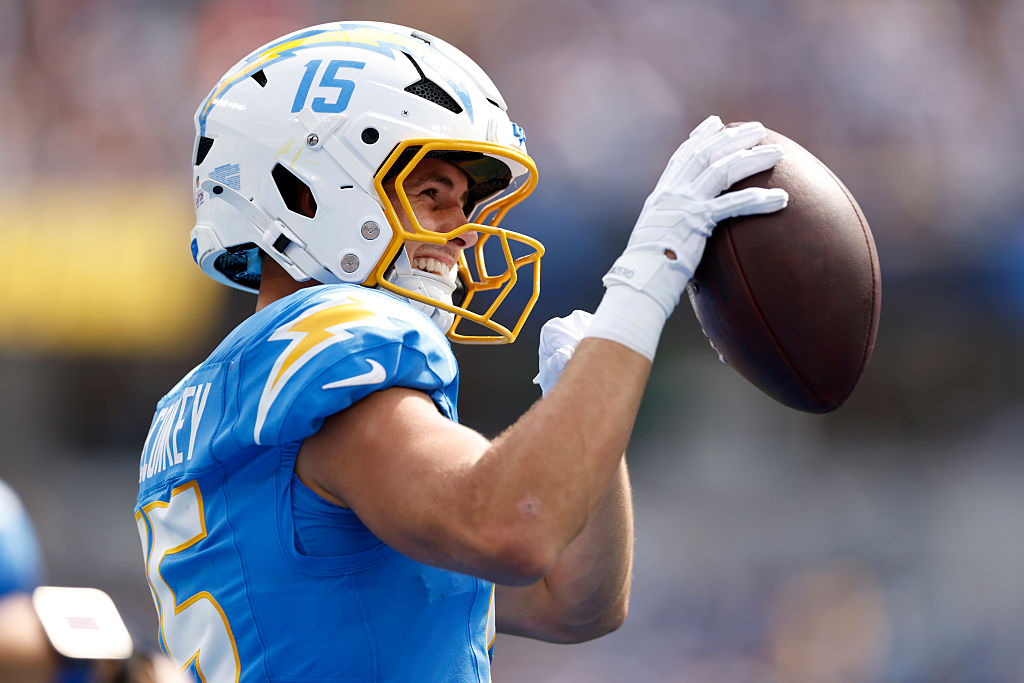 INGLEWOOD, CALIFORNIA - OCTOBER 05: Ladd McConkey #15 of the Los Angeles Chargers celebrates a first quarter touchdown against the Washington Commanders at SoFi Stadium on October 05, 2025 in Inglewood, California. (Photo by Ronald Martinez/Getty Images)