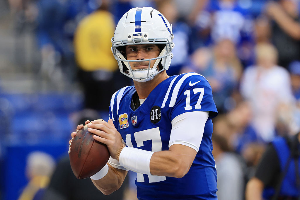 INDIANAPOLIS, INDIANA - OCTOBER 12: Daniel Jones #17 of the Indianapolis Colts warms up against the Arizona Cardinals before the game at Lucas Oil Stadium on October 12, 2025 in Indianapolis, Indiana. (Photo by Justin Casterline/Getty Images)