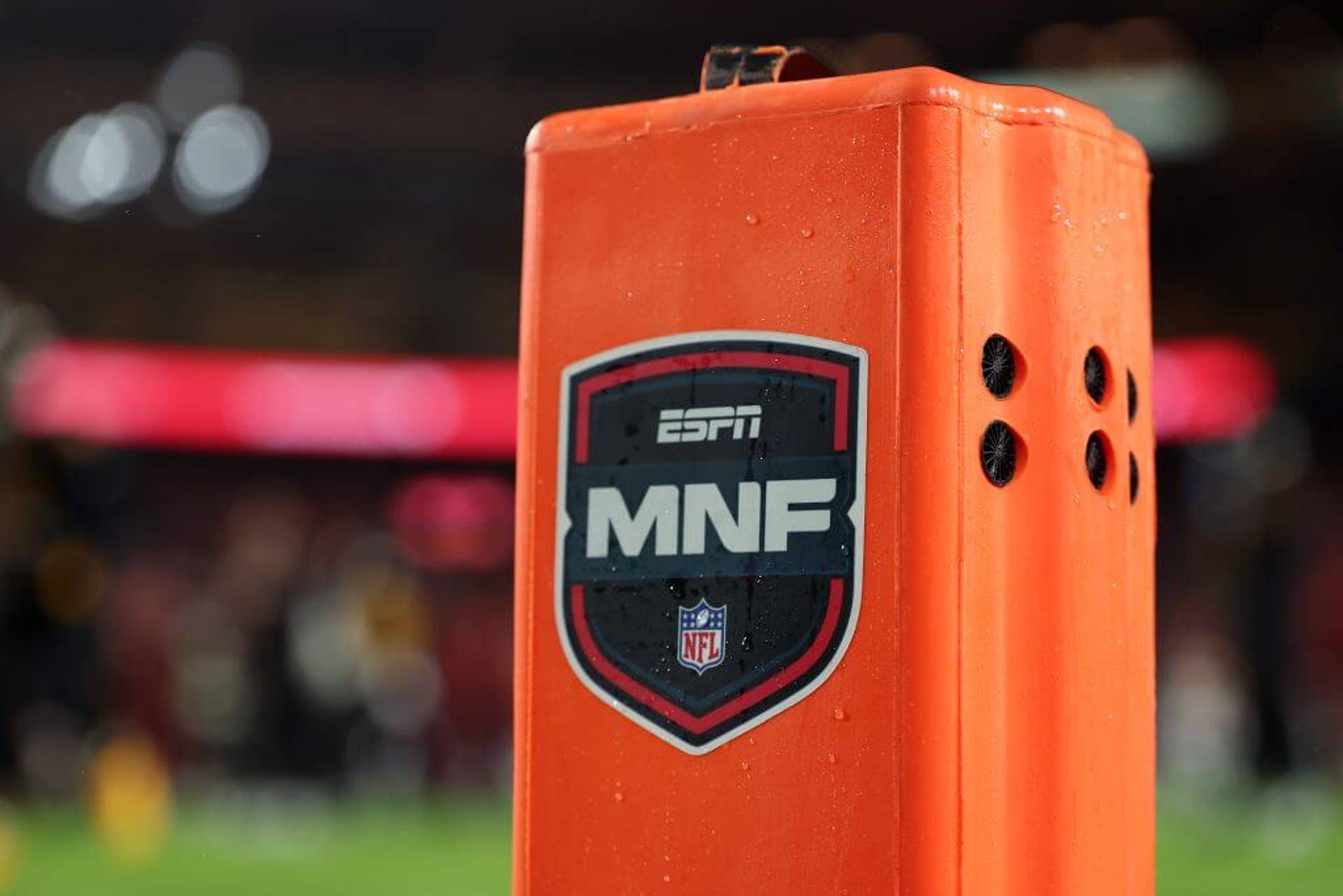 A detailed view of an ESPN Monday Night Football pylon before the game between the Washington Commanders and the Chicago Bears at Northwest Stadium on October 13, 2025