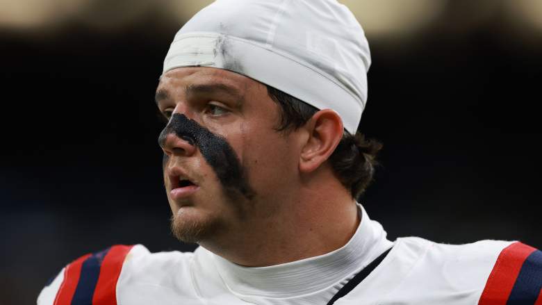 NEW ORLEANS, LOUISIANA - OCTOBER 12: Will Campbell #66 of the New England Patriots looks on prior to the game against the New Orleans Saints at Caesars Superdome on October 12, 2025 in New Orleans, Louisiana."" (Photo by Kenneth Richmond/Getty Images)