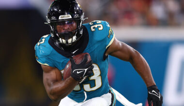 JACKSONVILLE, FLORIDA - OCTOBER 06: Bhayshul Tuten #33 of the Jacksonville Jaguars carries the ball against the Kansas City Chiefs during the first half of the game at EverBank Stadium on October 06, 2025 in Jacksonville, Florida. (Photo by Megan Briggs/Getty Images)