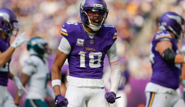 MINNEAPOLIS, MN - OCTOBER 19: Minnesota Vikings wide receiver Justin Jefferson (18) celebrates getting a first down during the first half of the NFL game between the Minnesota Vikings and Philadelphia Eagles on October 19th, 2025, at U.S. Bank Stadium in Minneapolis, MN. (Photo by Bailey Hillesheim/Icon Sportswire via Getty Images)