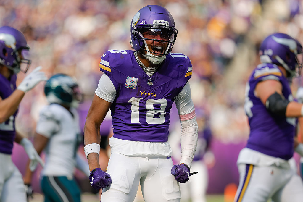 MINNEAPOLIS, MN - OCTOBER 19: Minnesota Vikings wide receiver Justin Jefferson (18) celebrates getting a first down during the first half of the NFL game between the Minnesota Vikings and Philadelphia Eagles on October 19th, 2025, at U.S. Bank Stadium in Minneapolis, MN. (Photo by Bailey Hillesheim/Icon Sportswire via Getty Images)
