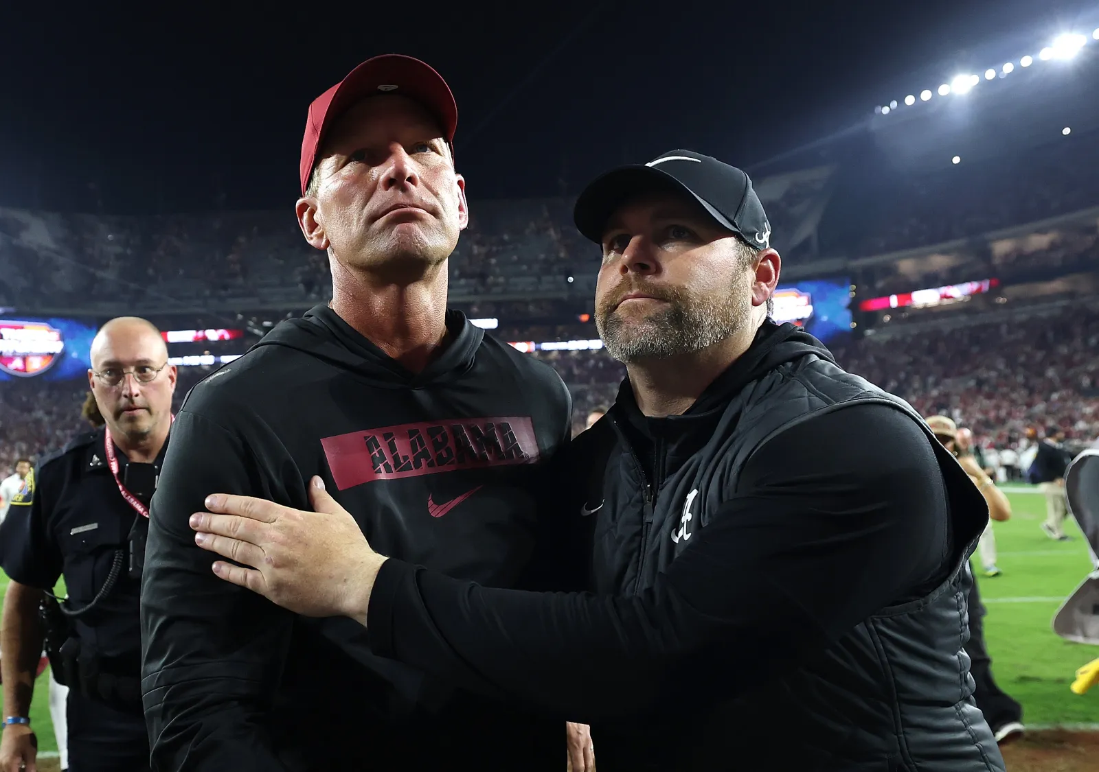College football head coach Kalen Deboer and defensive coordinator Kane Wommack of the Alabama Crimson Tide