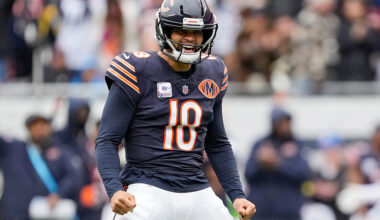 CHICAGO, ILLINOIS - OCTOBER 19: Caleb Williams #18 of the Chicago Bears celebrates after a touchdown against the New Orleans Saints during the second quarter of the game at Soldier Field on October 19, 2025 in Chicago, Illinois. (Photo by Patrick McDermott/Getty Images)