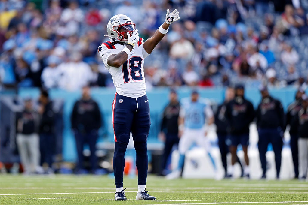 NASHVILLE, TENNESSEE - OCTOBER 19: Kyle Williams #18 of the New England Patriots reacts after a play during the second half of the game against the Tennessee Titans at Nissan Stadium on October 19, 2025 in Nashville, Tennessee. (Photo by Johnnie Izquierdo/Getty Images)