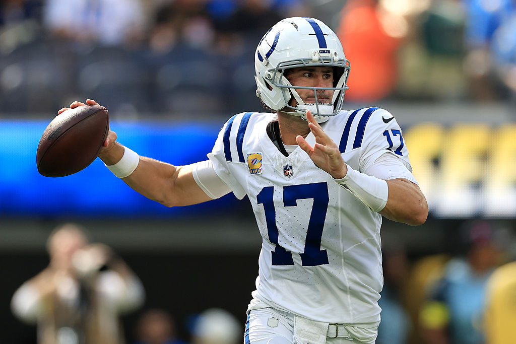 INGLEWOOD, CALIFORNIA - OCTOBER 19: Daniel Jones #17 of the Indianapolis Colts looks to pass against the Los Angeles Chargers in the second quarter of a game at SoFi Stadium on October 19, 2025 in Inglewood, California. (Photo by Luke Hales/Getty Images)