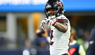 SEATTLE, WASHINGTON - OCTOBER 20: Nico Collins #12 of the Houston Texans reacts against the Seattle Seahawks during the second quarter at Lumen Field on October 20, 2025 in Seattle, Washington. (Photo by Jane Gershovich/Getty Images)