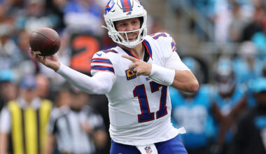 CHARLOTTE, NORTH CAROLINA - OCTOBER 26: Josh Allen #17 of the Buffalo Bills makes a pass in the second quarter of the game against the Carolina Panthers at Bank of America Stadium on October 26, 2025 in Charlotte, North Carolina. (Photo by Grant Halverson/Getty Images)