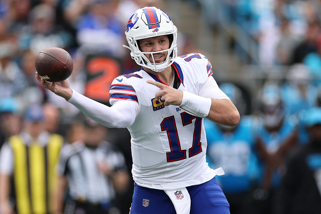 CHARLOTTE, NORTH CAROLINA - OCTOBER 26: Josh Allen #17 of the Buffalo Bills makes a pass in the second quarter of the game against the Carolina Panthers at Bank of America Stadium on October 26, 2025 in Charlotte, North Carolina. (Photo by Grant Halverson/Getty Images)