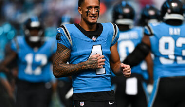CHARLOTTE, NORTH CAROLINA - OCTOBER 26: Tetairoa McMillan #4 of the Carolina Panthers reacts in the game against the Buffalo Bills at Bank of America Stadium on October 26, 2025 in Charlotte, North Carolina. (Photo by Matt Kelley/Getty Images)