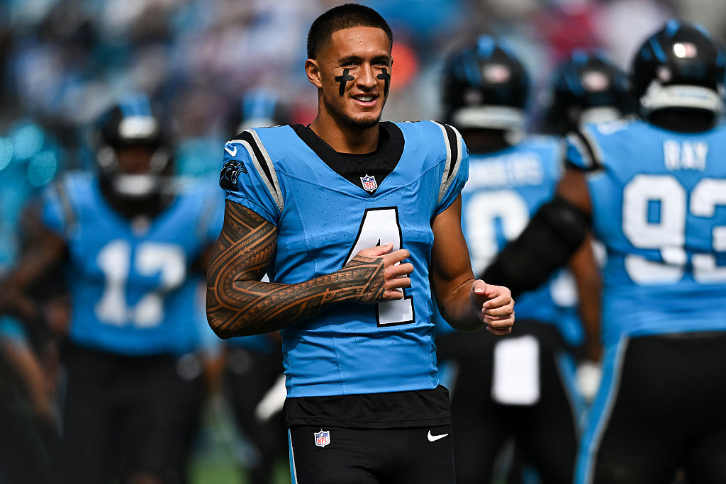 CHARLOTTE, NORTH CAROLINA - OCTOBER 26: Tetairoa McMillan #4 of the Carolina Panthers reacts in the game against the Buffalo Bills at Bank of America Stadium on October 26, 2025 in Charlotte, North Carolina. (Photo by Matt Kelley/Getty Images)