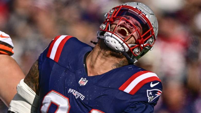 FOXBOROUGH, MASSACHUSETTS - OCTOBER 26: Cory Durden #94 of the New England Patriots reacts during the third quarter of a game against the Cleveland Browns at Gillette Stadium on October 26, 2025 in Foxborough, Massachusetts. (Photo by Billie Weiss/Getty Images)