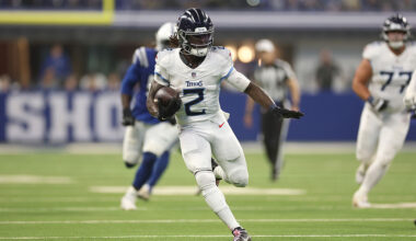 INDIANAPOLIS, INDIANA - OCTOBER 26: Tyjae Spears #2 of the Tennessee Titans runs with the ball against the Indianapolis Colts during the NFL 2025 game between Tennessee Titans and Indianapolis Colts at Lucas Oil Stadium on October 26, 2025 in Indianapolis, Indiana."" (Photo by Andy Lyons/Getty Images)