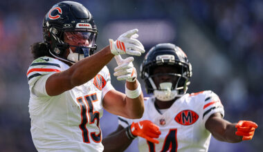 BALTIMORE, MD - OCTOBER 26: Rome Odunze #15 of the Chicago Bears celebrates with Olamide Zaccheaus #14 after a play against the Baltimore Ravens during the first half at M&T Bank Stadium on October 26, 2025 in Baltimore, Maryland. (Photo by Scott Taetsch/Getty Images)